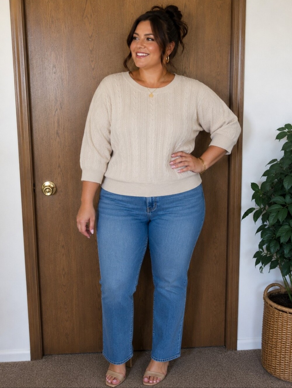 Cream Knit Half-Sleeve Sweater - Cozy Weekend Top